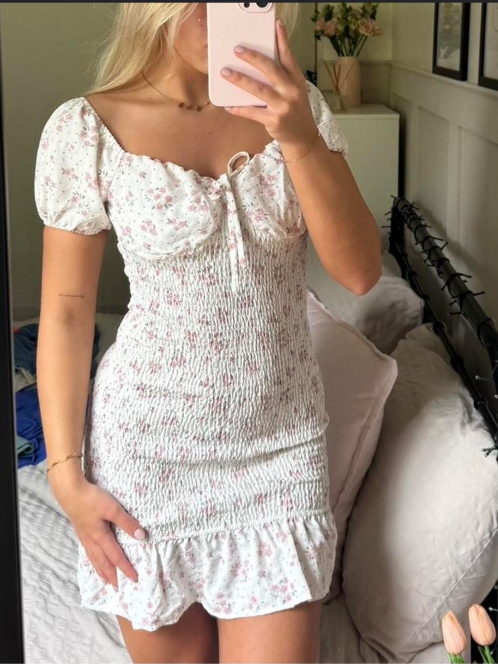 White Coquette Cottagecore Milkmaid Soft Girl Mini Dress Pink Floral Print M